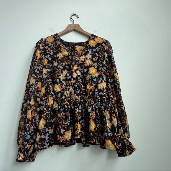 Old Navy V-Neck Smocked Floral Blouse Balloon Sleeve Babydoll Boho Peasant XL - Picture 5 of 15